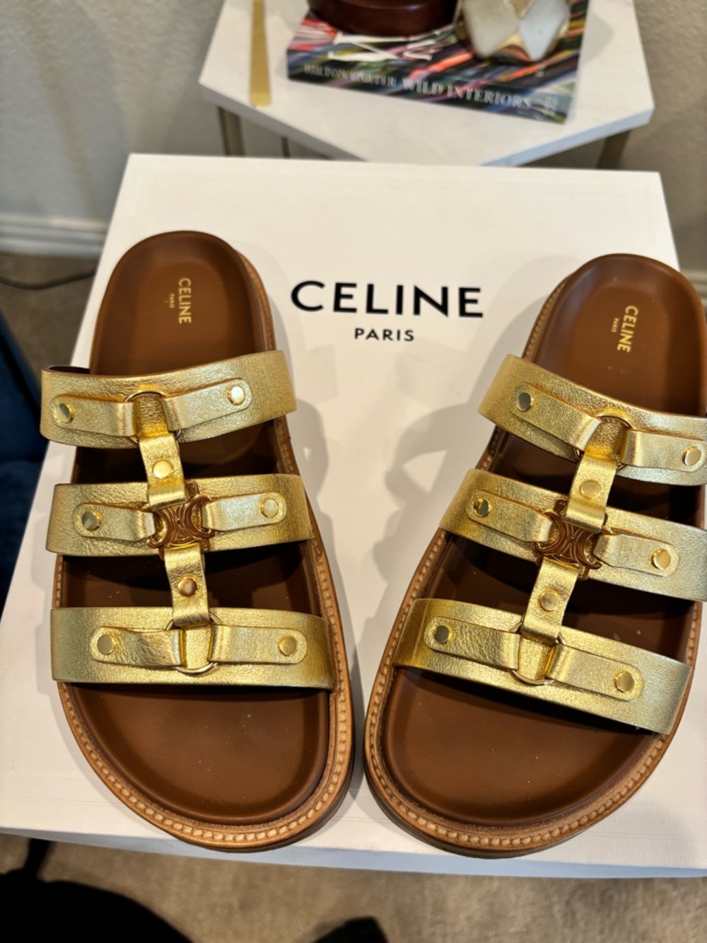 Celine Triomphe Mule 30 Metallic Gold Leather Triple-Strap Slides